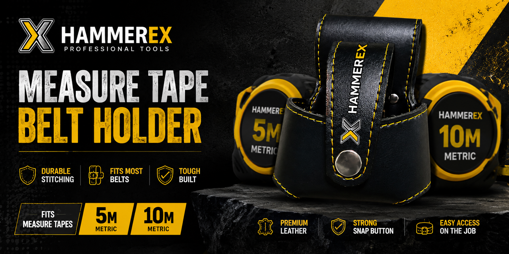 Hammerex Measure Tape Belt Holder — heavy-duty leather, industrial sewn, soft-close button