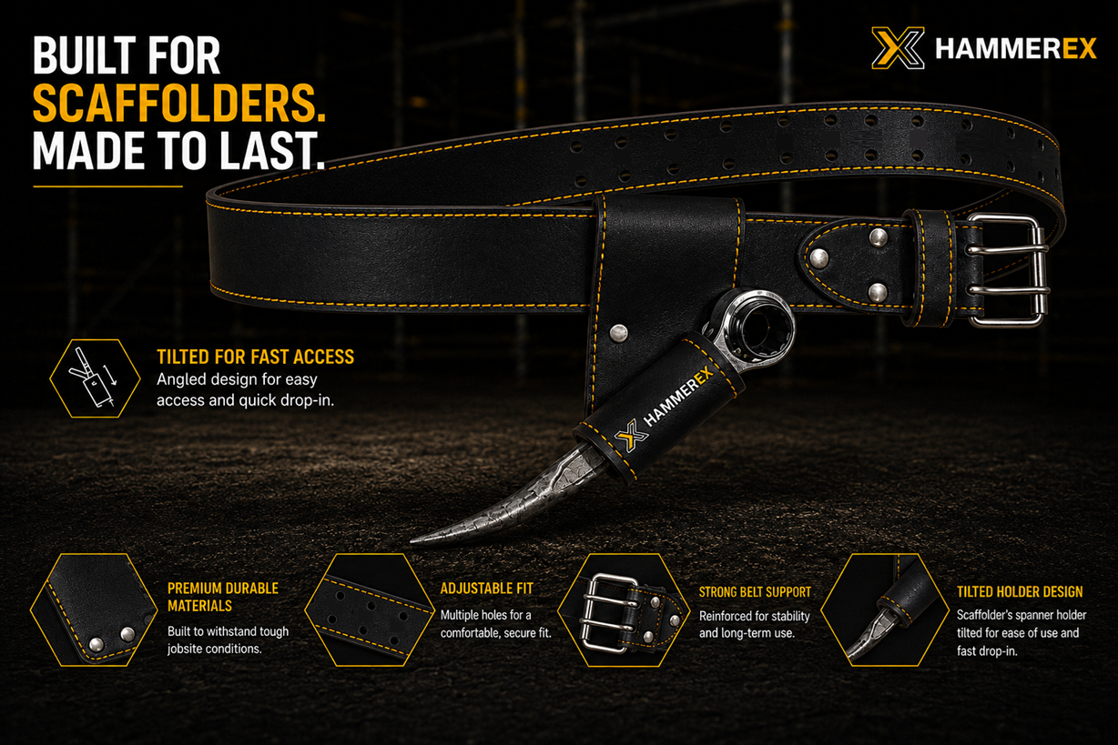 HammerEx Leather Scaffolding Belt & Tilted Ratchet Frog Holder